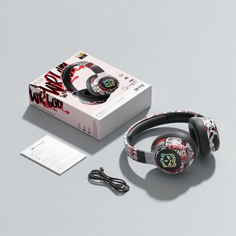 Esplosioni di celebrità online Cuffie alla moda Gioco Bluetooth Graffiti National Tide Cuffie Batteria a lunga durata Wireless. Cuffie