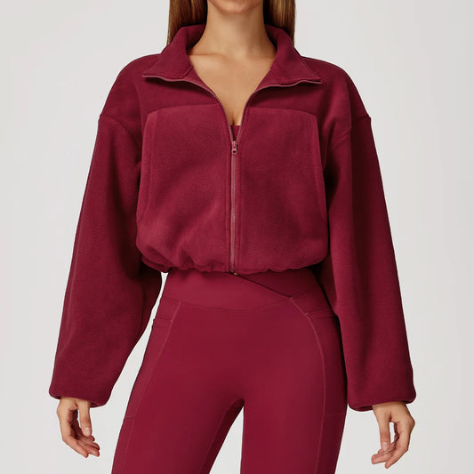 Giacca da yoga invernale da donna a maniche lunghe colletto rialzato giacca con coulisse in pile broth anti-wind da corsa con giacca sportiva in pile