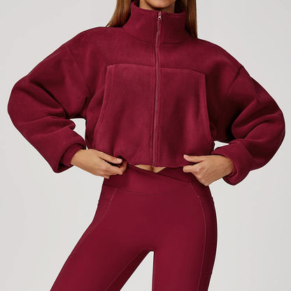 Giacca da yoga invernale da donna a maniche lunghe colletto rialzato giacca con coulisse in pile broth anti-wind da corsa con giacca sportiva in pile