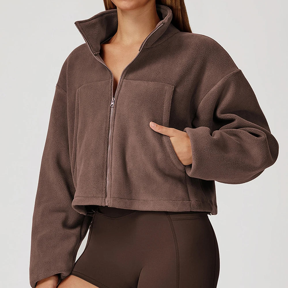 Giacca da yoga invernale da donna a maniche lunghe colletto rialzato giacca con coulisse in pile broth anti-wind da corsa con giacca sportiva in pile