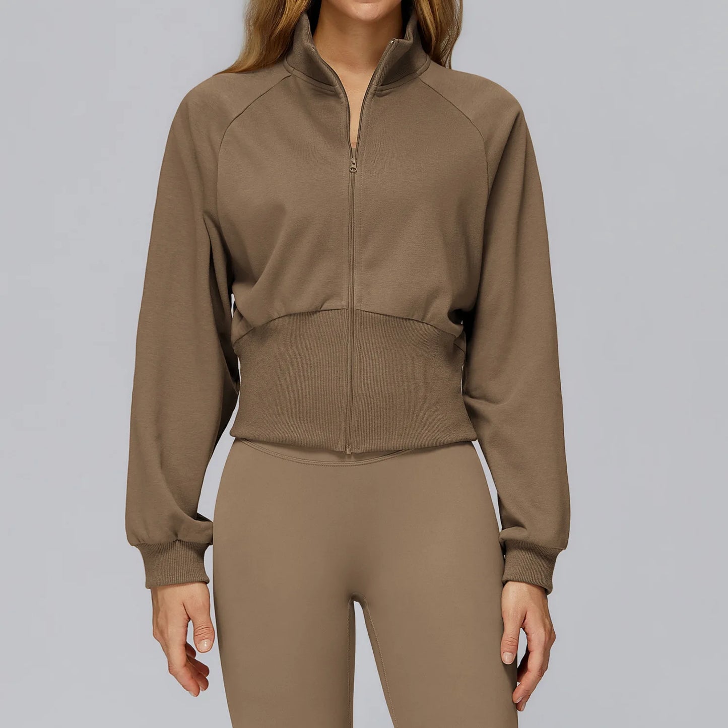 Felpa da yoga wintere da donna a maniche lunghe con colletto in piedi Felpa calda con anti-vento cernier Giacca sportiva da corsa all'aperto allentata