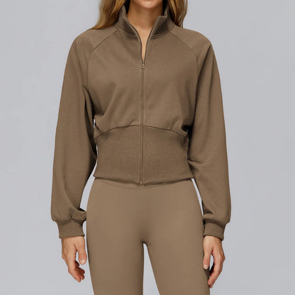 Felpa da yoga wintere da donna a maniche lunghe con colletto in piedi Felpa calda con anti-vento cernier Giacca sportiva da corsa all'aperto allentata