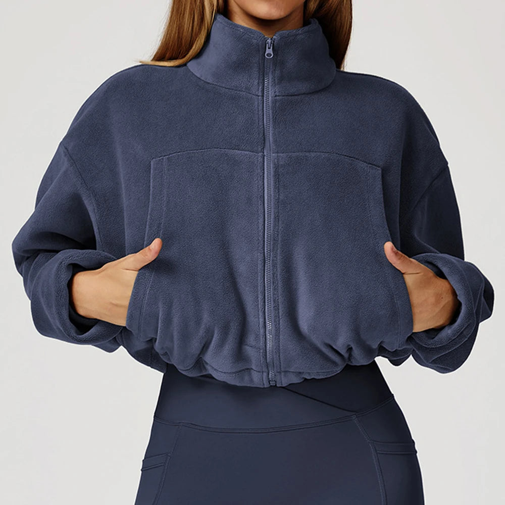 Giacca da yoga invernale da donna a maniche lunghe colletto rialzato giacca con coulisse in pile broth anti-wind da corsa con giacca sportiva in pile