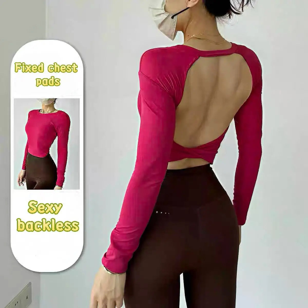 Top Sportivo Corto a Maniche Lunghe con Schiena Scoperta