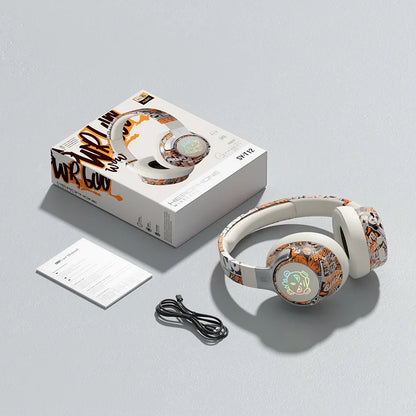 Esplosioni di celebrità online Cuffie alla moda Gioco Bluetooth Graffiti National Tide Cuffie Batteria a lunga durata Wireless. Cuffie