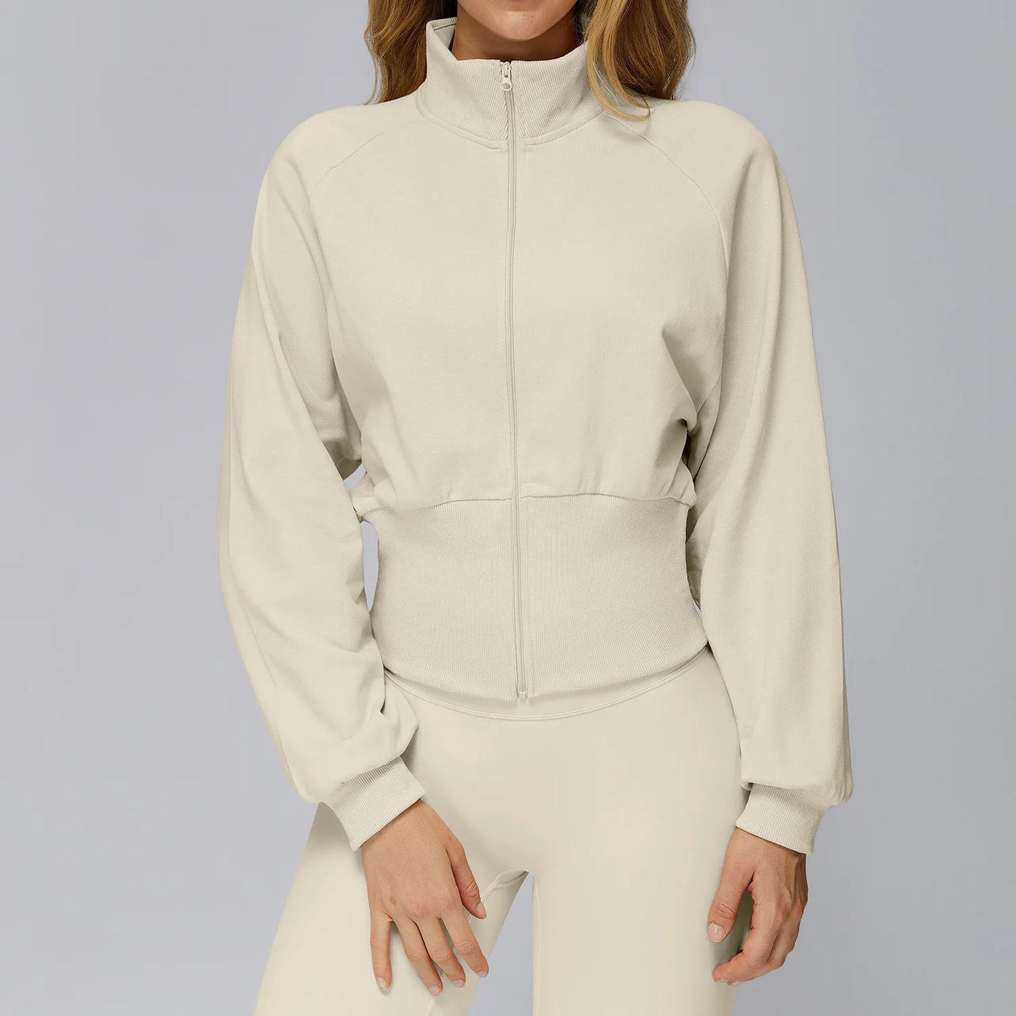 Felpa da yoga wintere da donna a maniche lunghe con colletto in piedi Felpa calda con anti-vento cernier Giacca sportiva da corsa all'aperto allentata