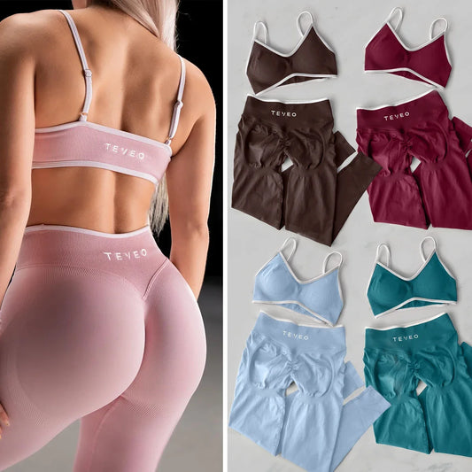 TEVEO 2 Pezzi Ensemble De Sport Femme Leggings Vêtements D'Entraînement Ensemble De Soutien-gorge Sans Couture Scrunch Legging
