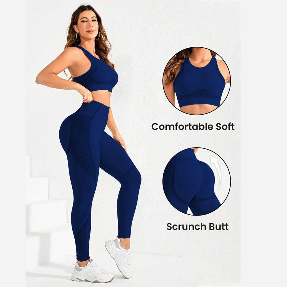 Tuta da 2 pezzi, tuta da yoga da donna, bellissima combinazione di pantaloni a vita alta sul retro, abbigliamento da lecture ideale super elastico senza cuciture