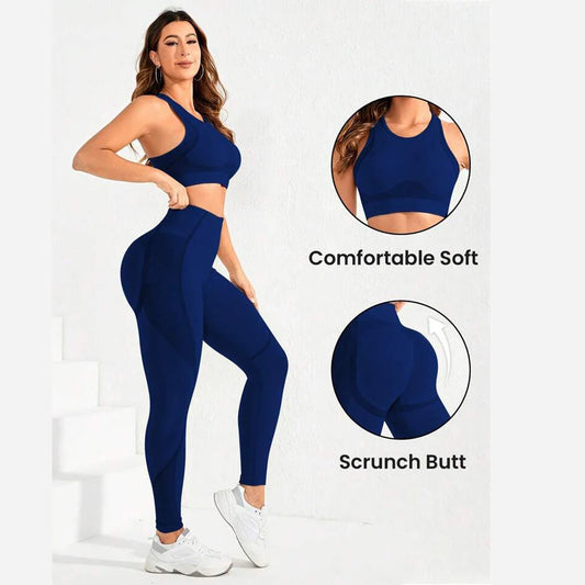 Tuta da 2 pezzi, tuta da yoga da donna, bellissima combinazione di pantaloni a vita alta sul retro, abbigliamento da lecture ideale super elastico senza cuciture